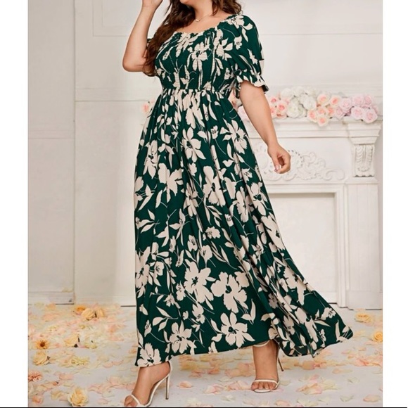 Boho green floral print shirred maxi dress - Picture 5 of 5